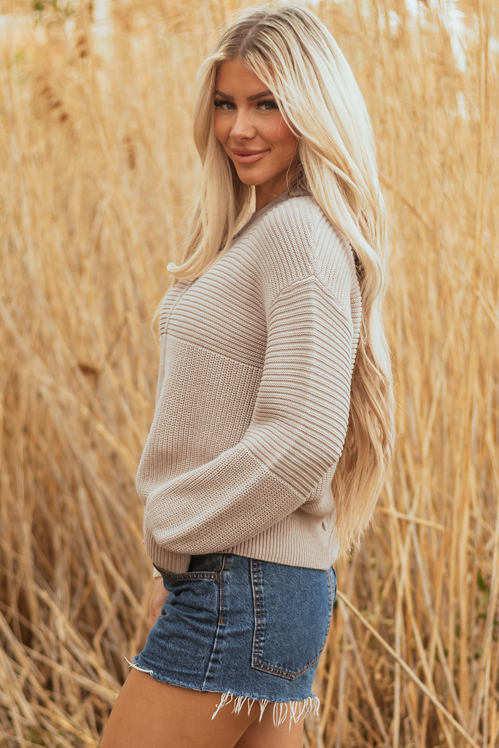 Parchment Mixed Texture Patchwork Knitted Puff Sleeve Sweater-TOPS / DRESSES-[Adult]-[Female]-2022 Online Blue Zone Planet