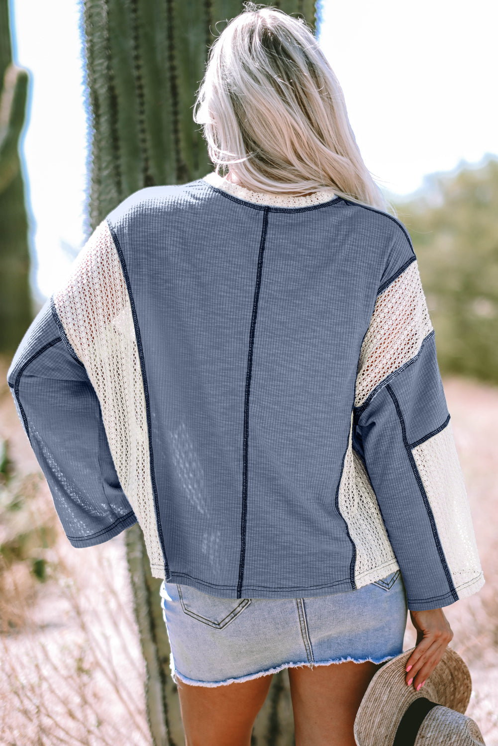 Blue Zone Planet | Parchment Crochet Detail Exposed Seam High Low Loose Top-Tops/Long Sleeve Tops-[Adult]-[Female]-2022 Online Blue Zone Planet