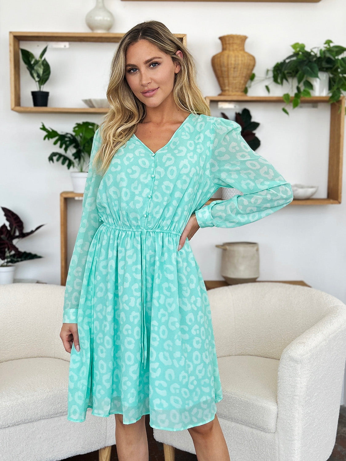 Double Take Full Size Printed Ruched V-Neck Long Sleeve Dress-TOPS / DRESSES-[Adult]-[Female]-2022 Online Blue Zone Planet