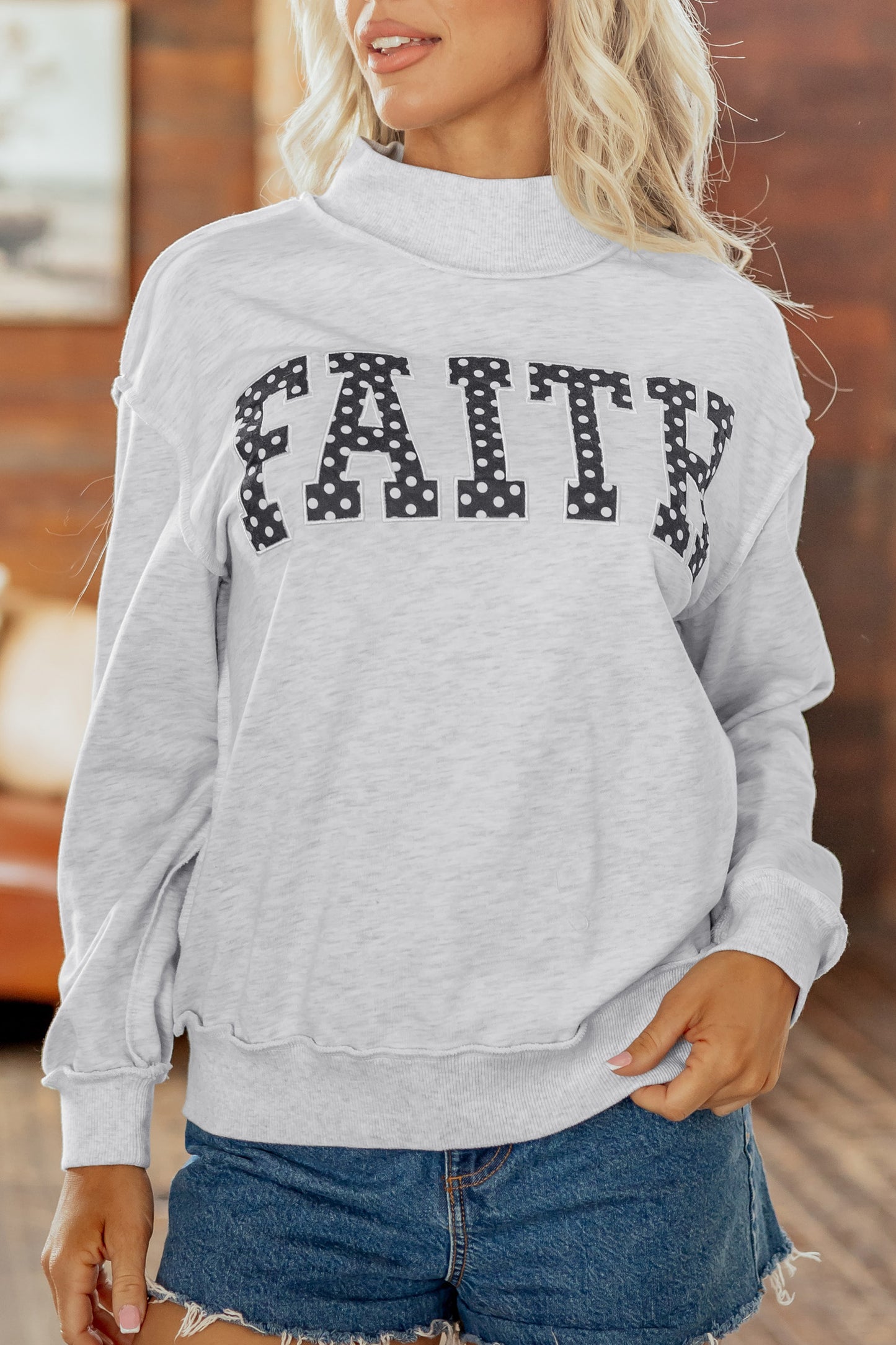 Light Grey High Neck Polka Dot Slogan Printed Baggy Sweatshirt-Tops/Sweatshirts & Hoodies-[Adult]-[Female]-2022 Online Blue Zone Planet