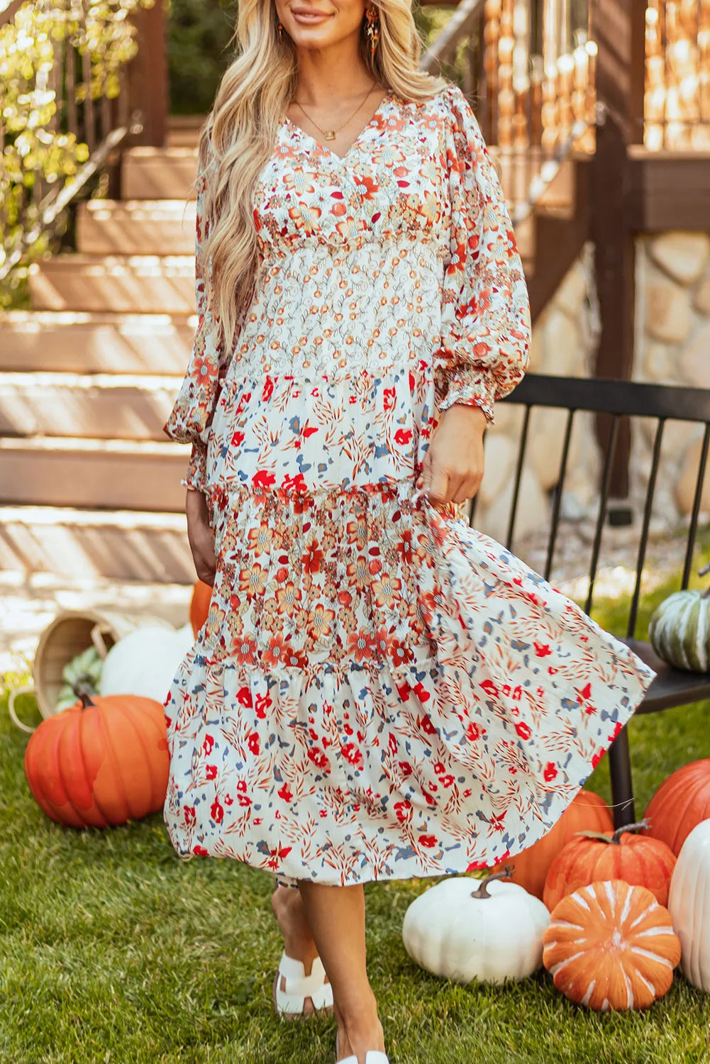 Full Size Printed V-Neck Lantern Sleeve Midi Dress Floral / XL
