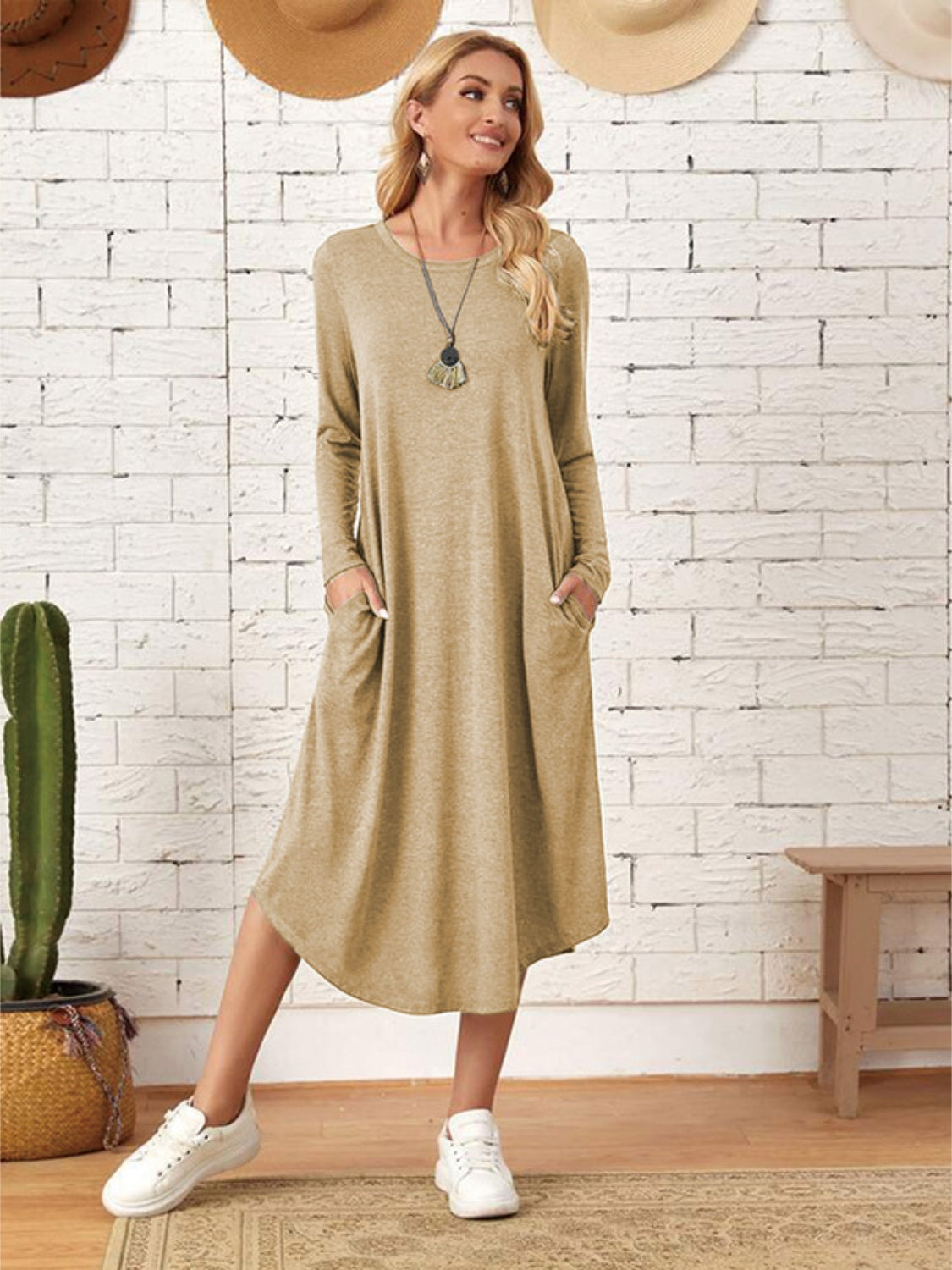 Pocketed Round Neck Long Sleeve Tee Dress-TOPS / DRESSES-[Adult]-[Female]-Yellow Green-S-2022 Online Blue Zone Planet