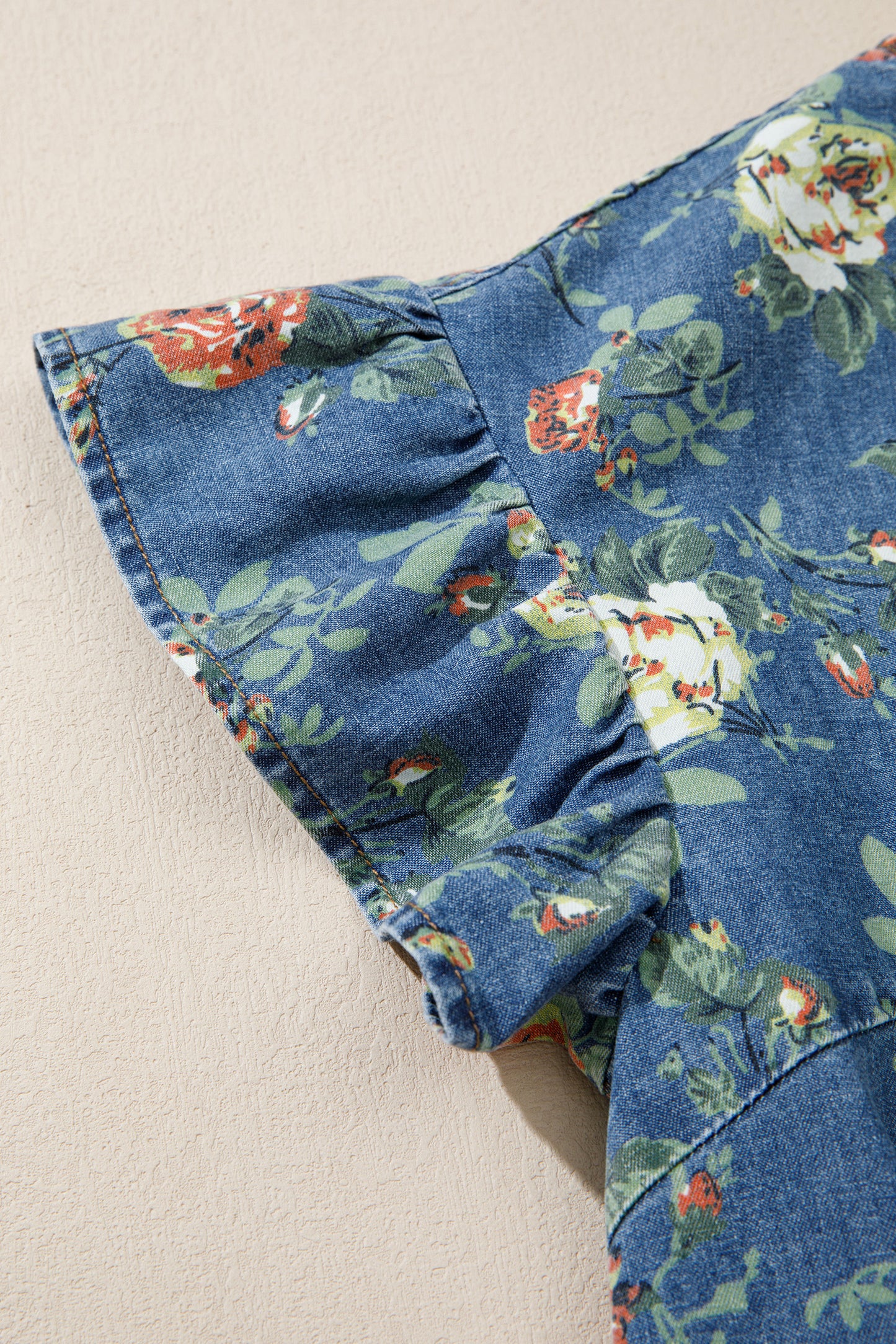 Ashleigh Blue Ruffled Short Sleeve Floral Denim Top-Tops/Tops & Tees-[Adult]-[Female]-2022 Online Blue Zone Planet