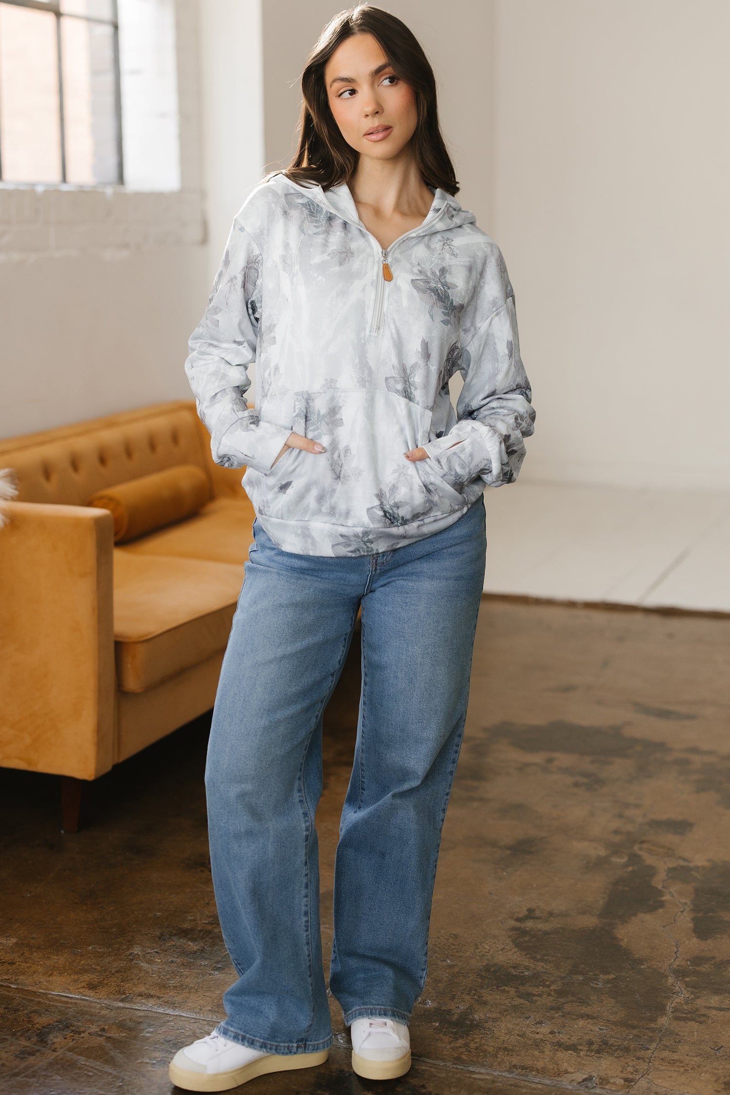 Gray Camo Leaf Print Kangaroo Pocket Quarter Zip Hoodie-Tops / Dresses-[Adult]-[Female]-2022 Online Blue Zone Planet