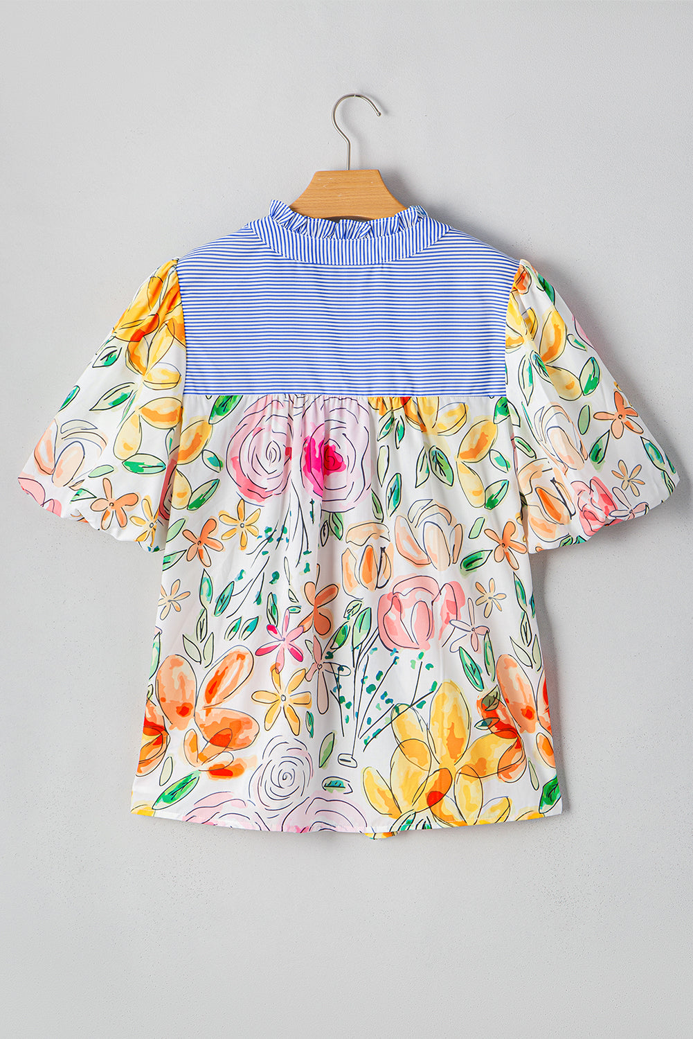 Multicolour Floral Print Striped Frill V Neck Puff Sleeve Blouse-Blouses-[Adult]-[Female]-2022 Online Blue Zone Planet