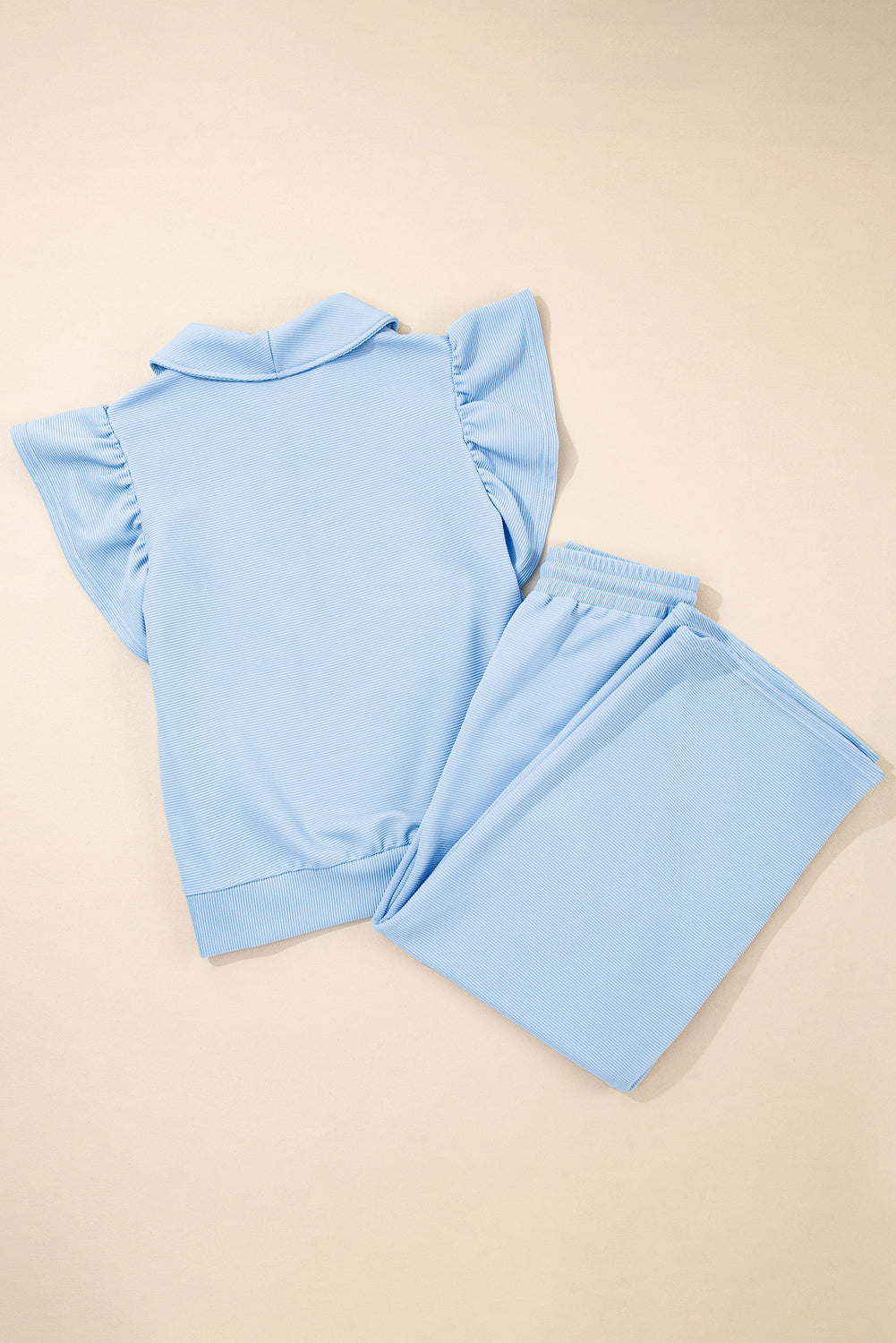 Beau Blue Textured Ruffled Sleeve Zipped Top and Wide Leg Pants Set-Two Piece Sets/Pant Sets-[Adult]-[Female]-2022 Online Blue Zone Planet
