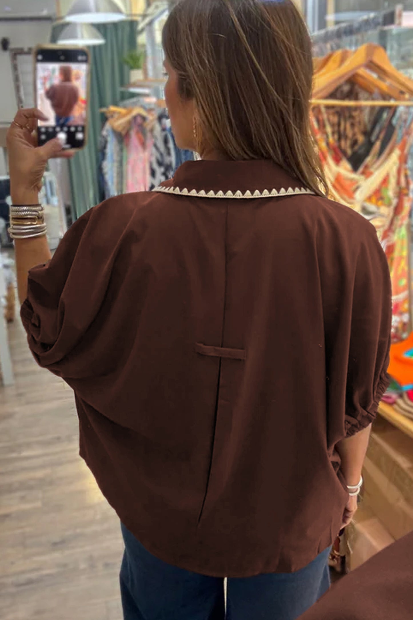 Coffee Shirt Collar Contrast Trim Button V Neck Short Sleeve Blouse-Tops/Blouses & Shirts-[Adult]-[Female]-2022 Online Blue Zone Planet