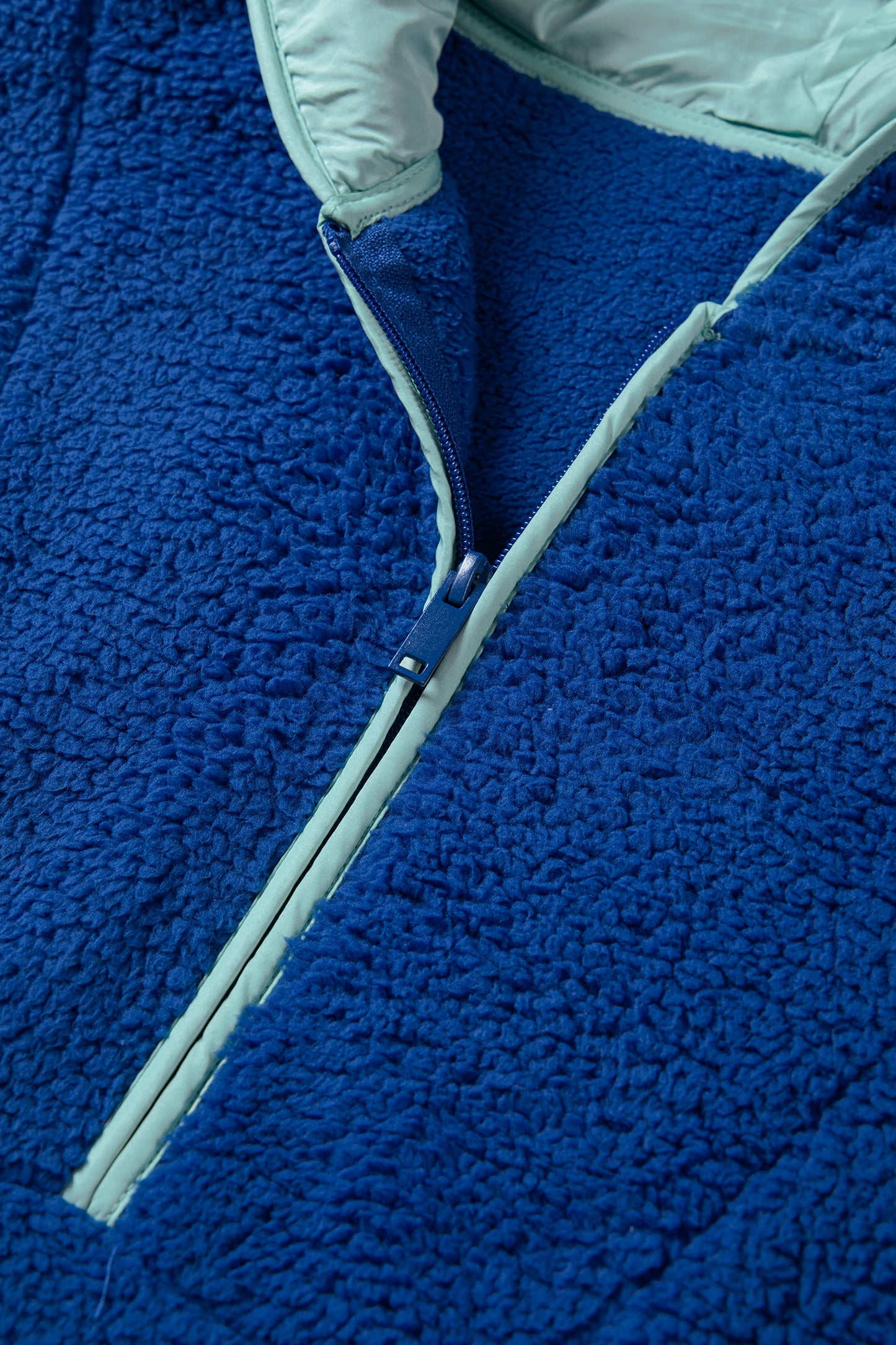 Sky Blue Sherpa Half Zip Contrast Trim Pullover Hoodie-Tops / Dresses-[Adult]-[Female]-2022 Online Blue Zone Planet