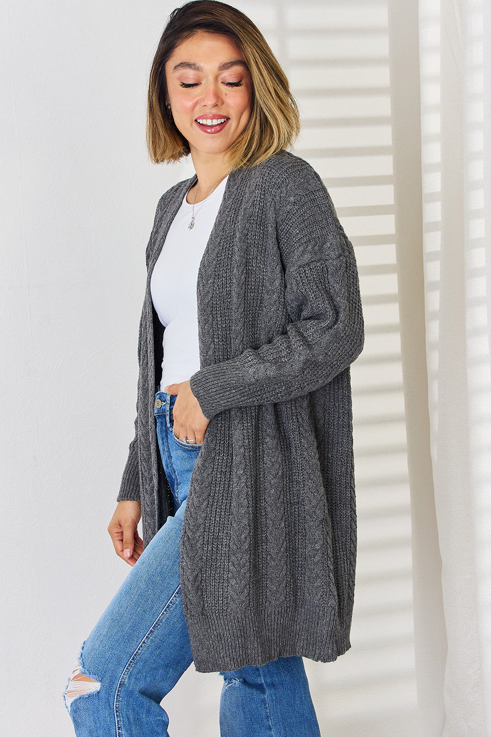 Cable-Knit Open Front Dropped Shoulder Cardigan-TOPS / DRESSES-[Adult]-[Female]-2022 Online Blue Zone Planet