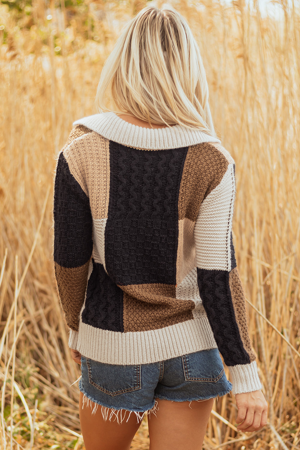 Multicolour Color Block Cable Knit Sleeve Buttons Collared Sweater-TOPS / DRESSES-[Adult]-[Female]-2022 Online Blue Zone Planet