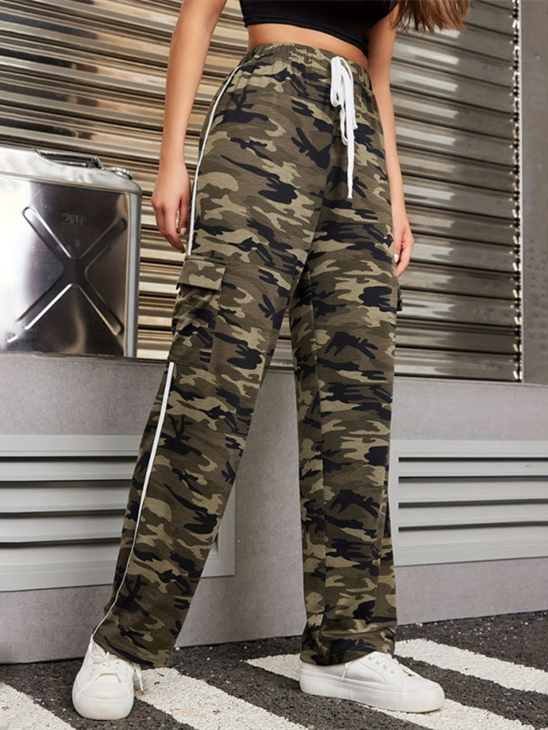 Blue Zone Planet | Tied Camouflage Pants with Cargo Pockets-BOTTOMS SIZES SMALL MEDIUM LARGE-[Adult]-[Female]-2022 Online Blue Zone Planet