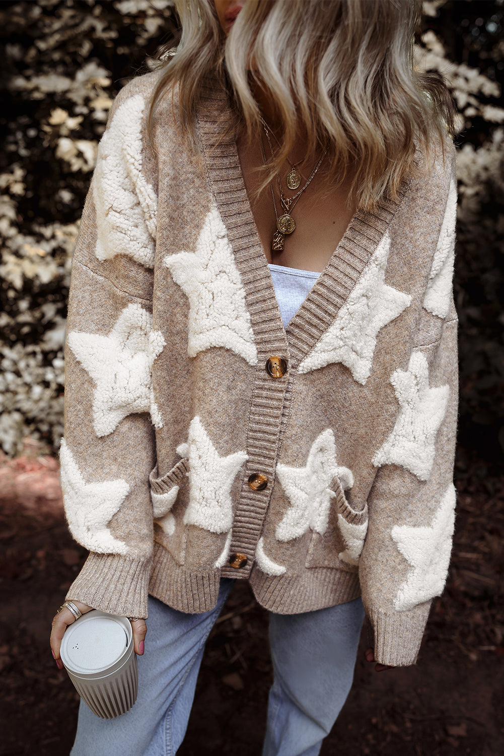 Pink Sherpa Star Pattern Textured Sweater Cardigan with Pockets-Sweaters & Cardigans/Cardigans-[Adult]-[Female]-Khaki-S-2022 Online Blue Zone Planet