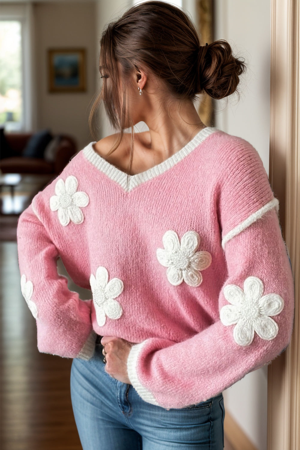 Flower V-Neck Dropped Shoulder Sweater-TOPS / DRESSES-[Adult]-[Female]-Blush Pink-S-2022 Online Blue Zone Planet