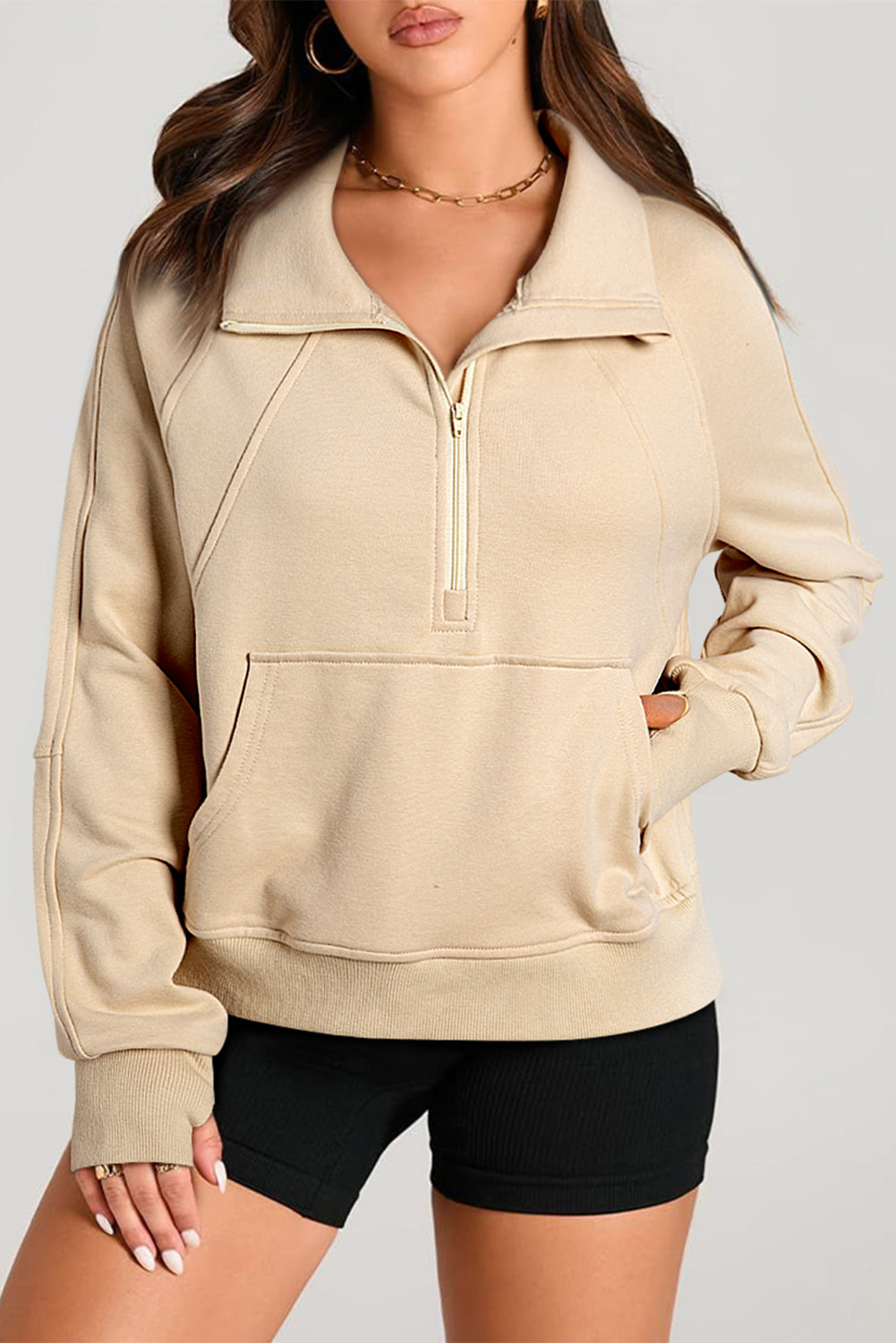 Brown Quarter Zip Stand Neck Kangaroo Pocket Sweatshirt-Tops/Sweatshirts & Hoodies-[Adult]-[Female]-Parchment-S-2022 Online Blue Zone Planet