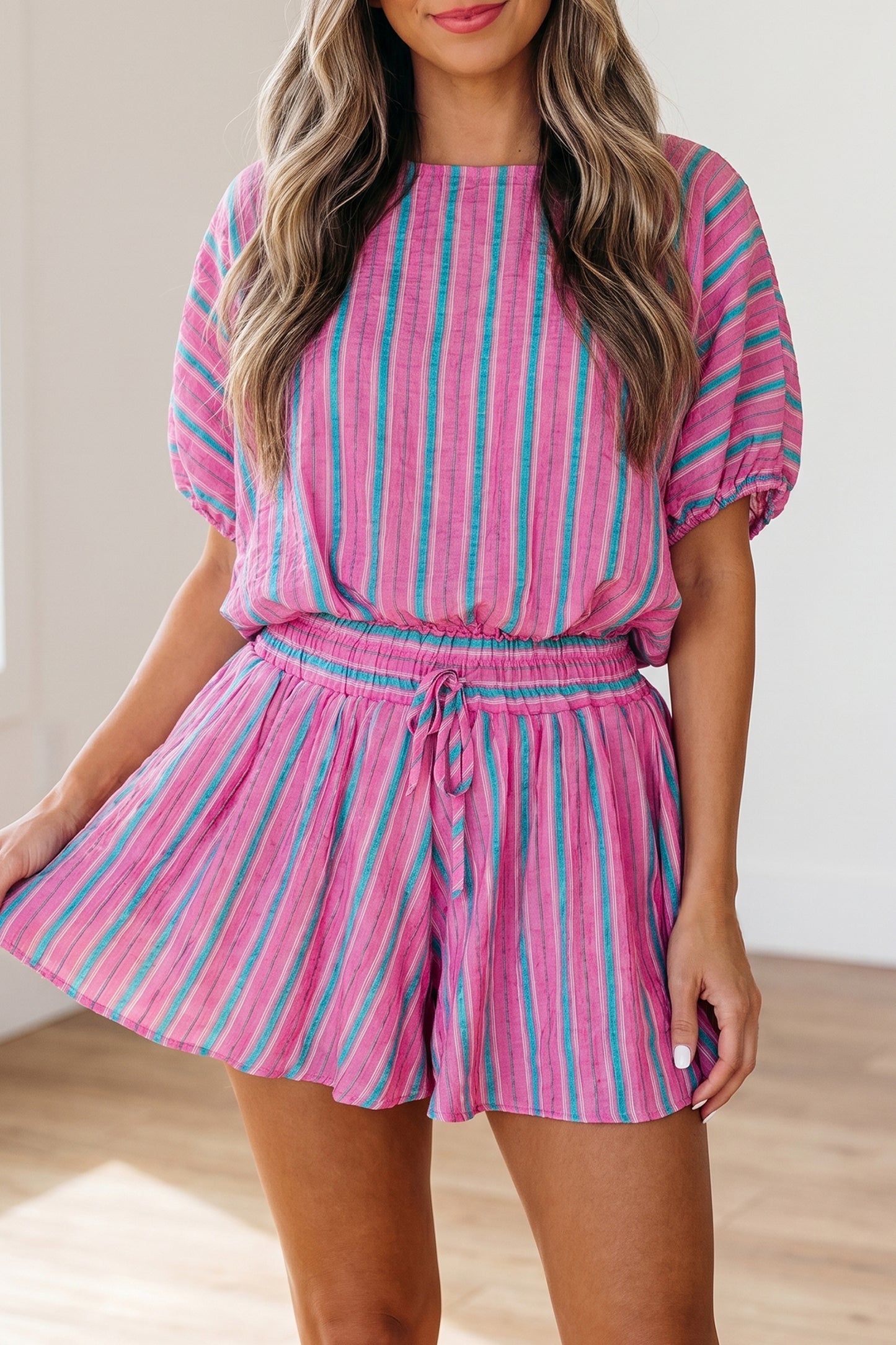 Pink Stripe Dolman Short Sleeve Blouse Drawstring Elastic Waist Loose Short Set-Two Piece Sets/Short Sets-[Adult]-[Female]-2022 Online Blue Zone Planet