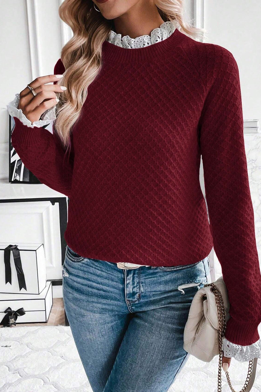 Burgundy Contrast Lace Frilled Trim Raglan Sleeve Sweater-TOPS / DRESSES-[Adult]-[Female]-2022 Online Blue Zone Planet