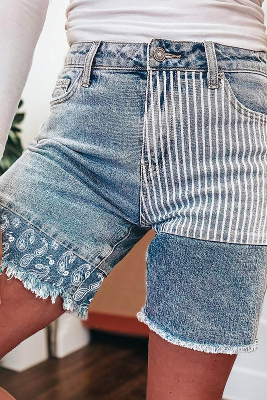 Sky Blue Striped Paisley Mixed Patchwork Raw Hem Denim Shorts-Bottoms/Denim Shorts-[Adult]-[Female]-Sky Blue-4-2022 Online Blue Zone Planet