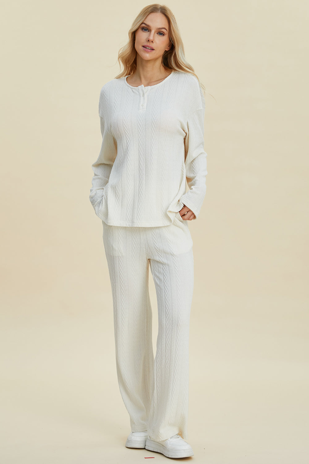 Double Take Full Size Cable-Knit Long Sleeve Top and Pants Set-TOPS / DRESSES-[Adult]-[Female]-2022 Online Blue Zone Planet