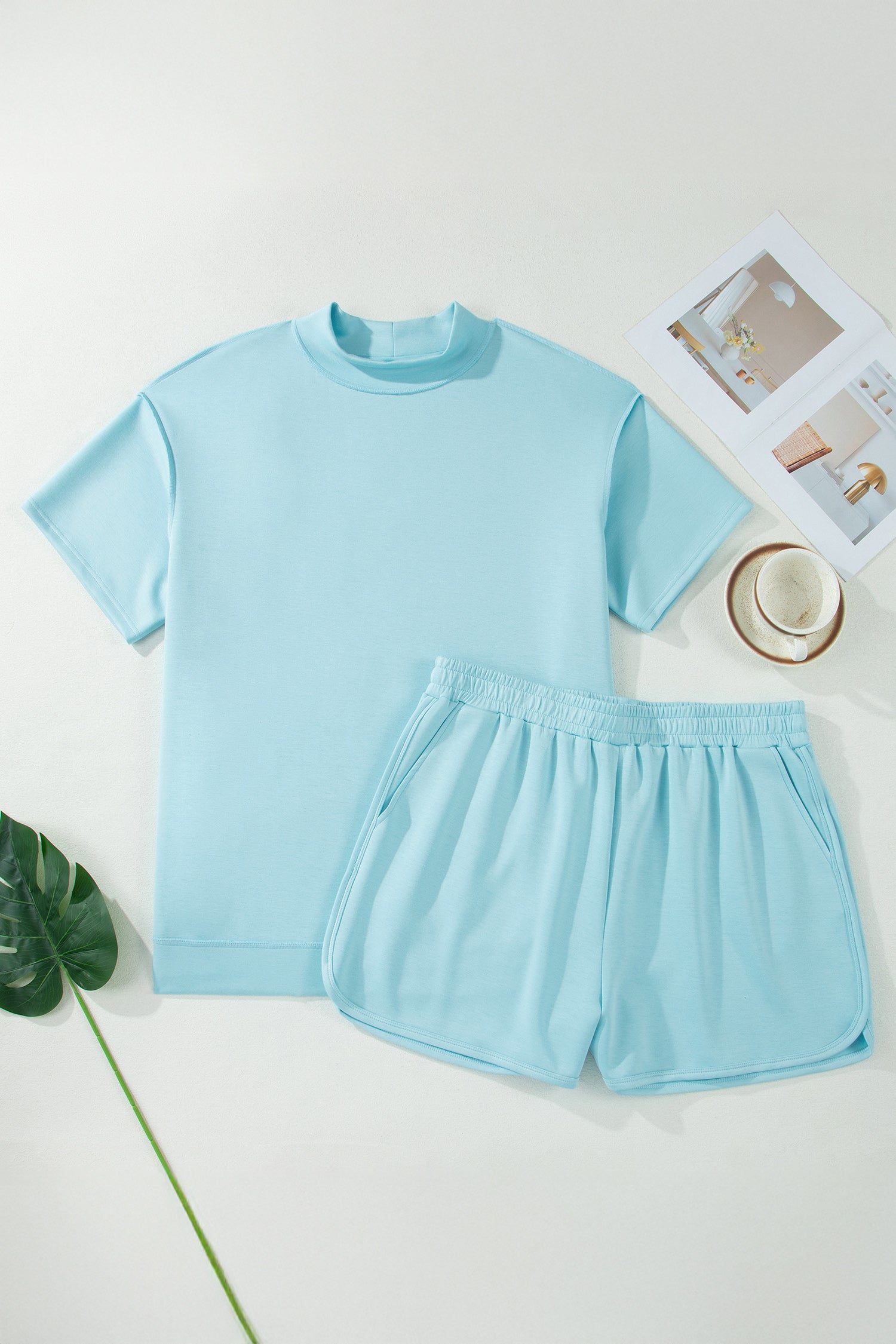 Mist Blue Solid Color Mock Neck Half Sleeve Top Plus Size 2pcs Short Set-Plus Size/Plus Size Loungewear-[Adult]-[Female]-2022 Online Blue Zone Planet