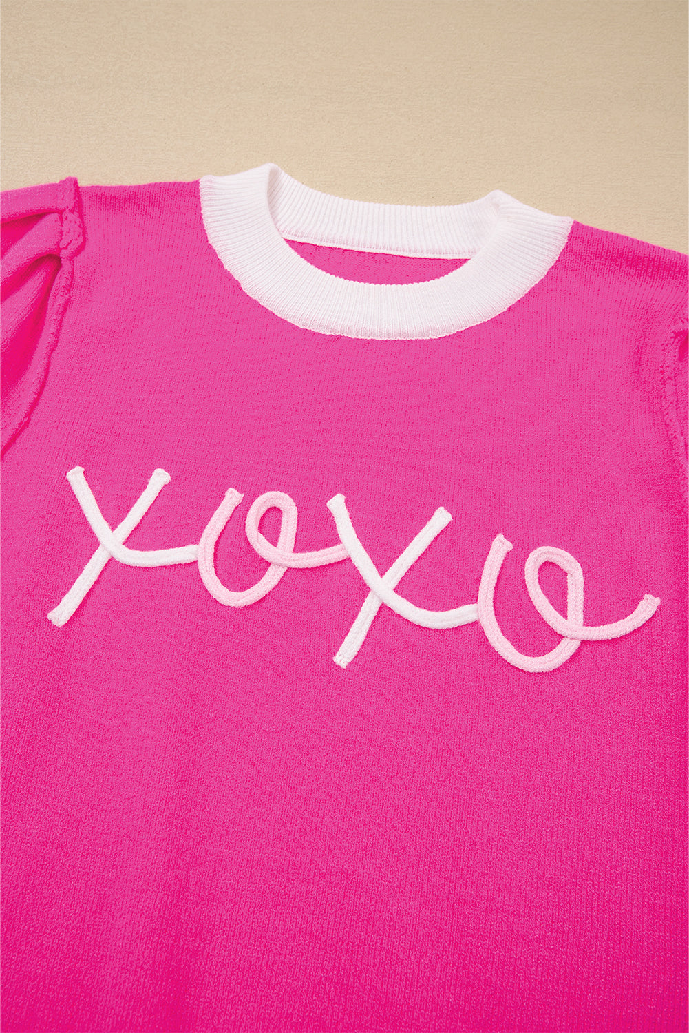 Bright Pink XOXO Embroidered Graphic Valentines Contrast Trim Crew Neck Short Puff Sleeve Sweater Tee-TOPS / DRESSES-[Adult]-[Female]-2022 Online Blue Zone Planet
