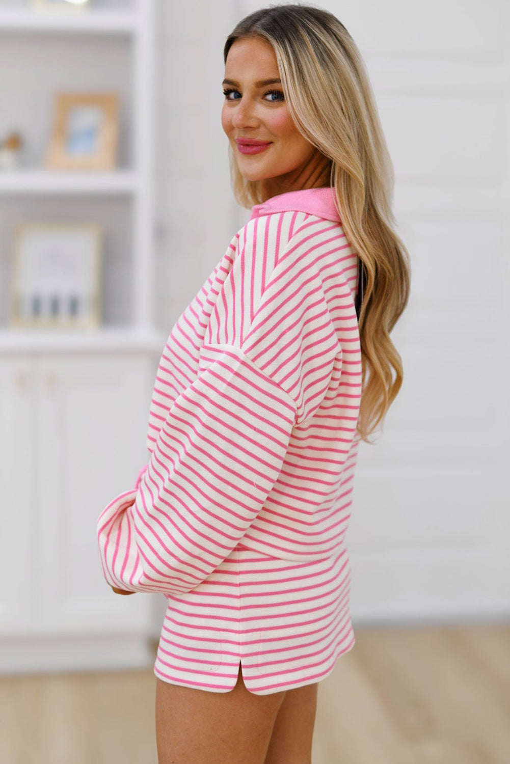 Pink Stripe Collared V Neck Drop Shoulder Pullover And Skort 2Pcs Outfit-Two Piece Sets/Two Piece Dresses-[Adult]-[Female]-2022 Online Blue Zone Planet