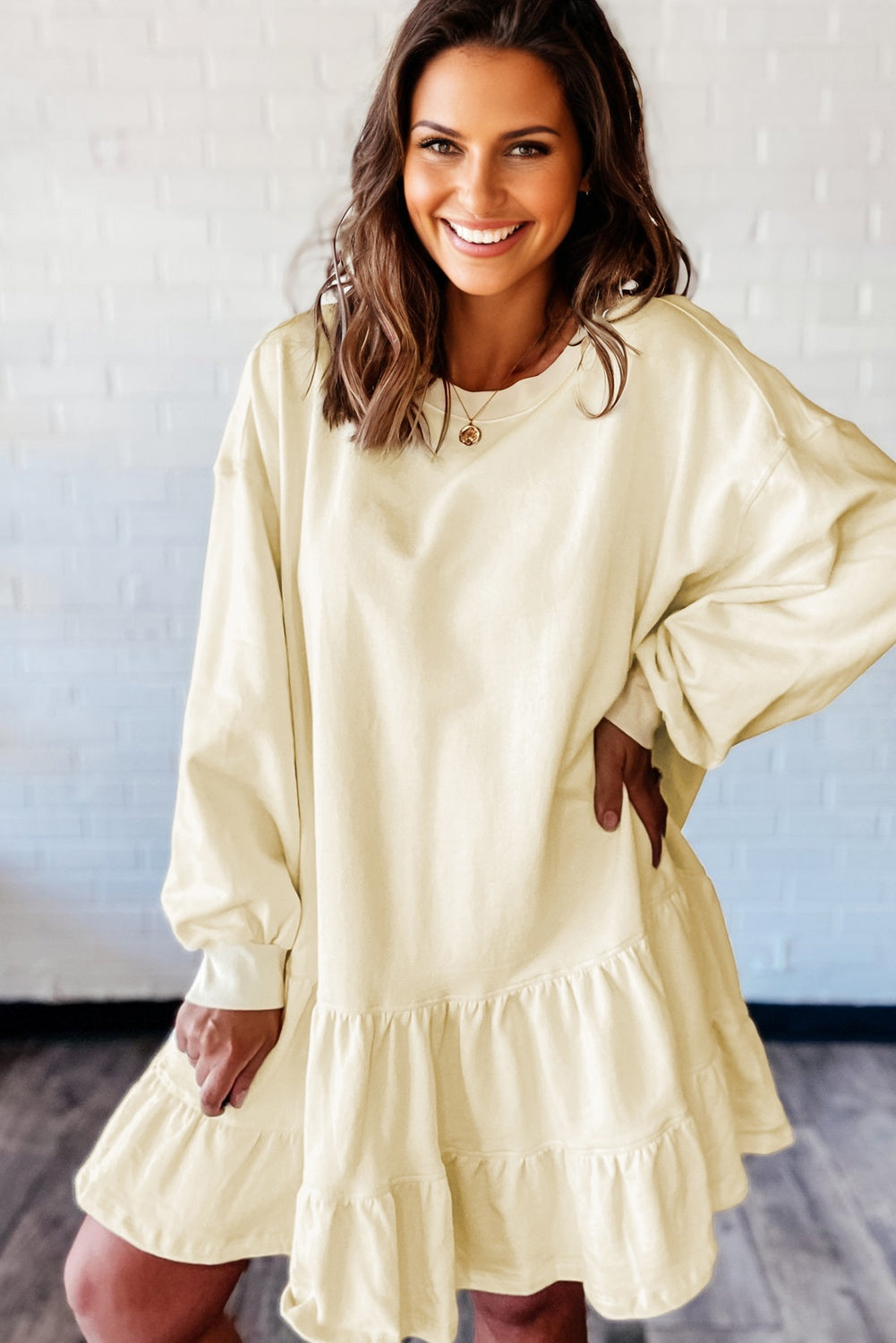 Beige Double Tiered Ruffle Hem Long Sleeve Loose Mini Dress-TOPS / DRESSES-[Adult]-[Female]-2022 Online Blue Zone Planet