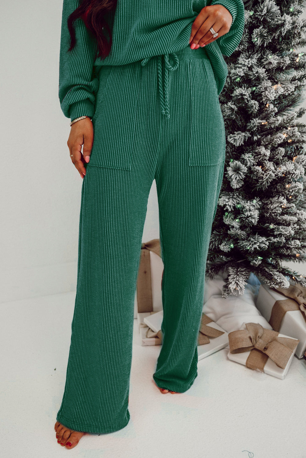 Fiery Red Crinkle Rib JOLLY Pattern Long Sleeve Top and Pockets Pants Set-Two Piece Pants Sets-[Adult]-[Female]-2022 Online Blue Zone Planet