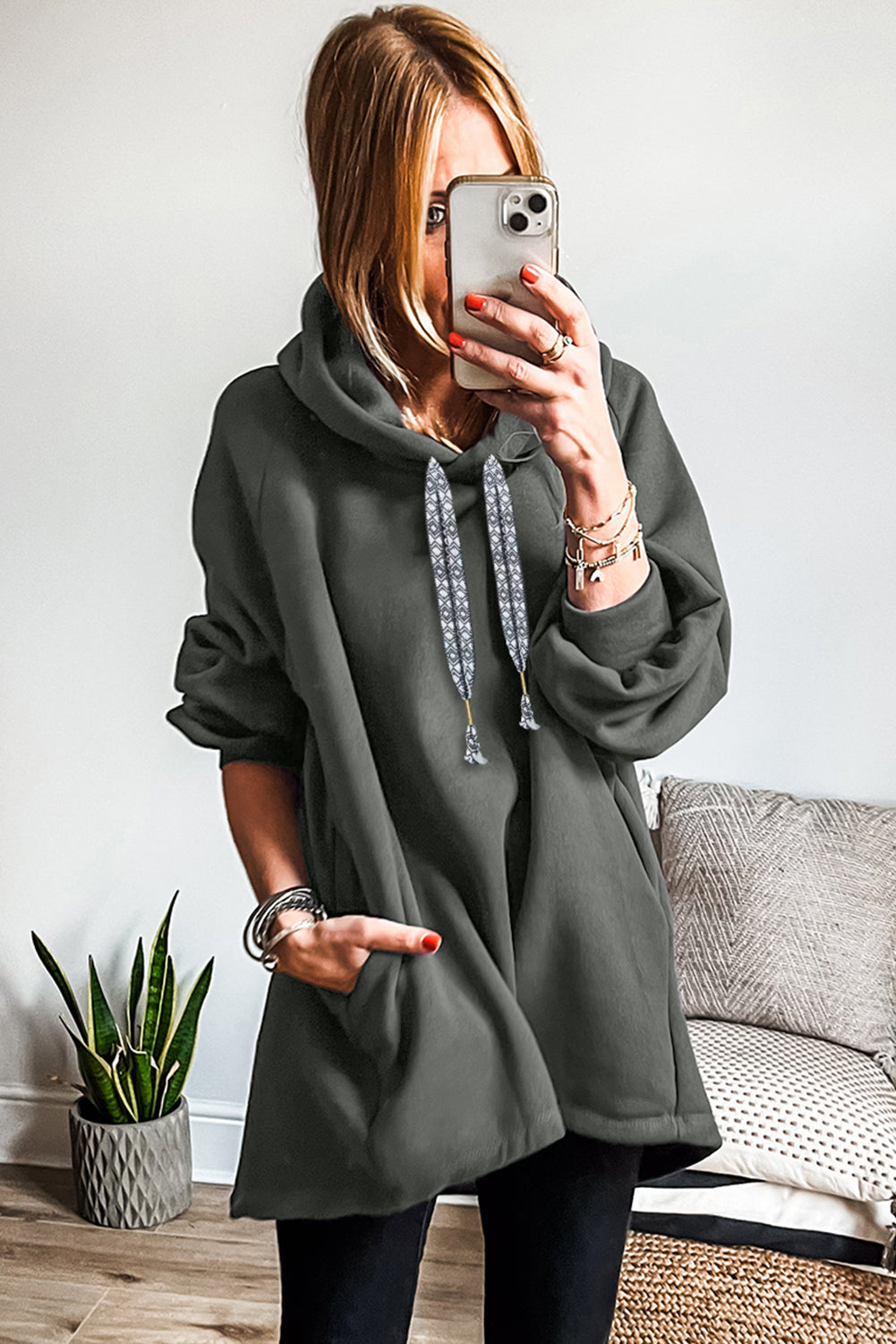 Four Leaf Clover Fleece Lined Adjustable Drawstring Oversize Tunic Hoodie-Tops / Dresses-[Adult]-[Female]-2022 Online Blue Zone Planet