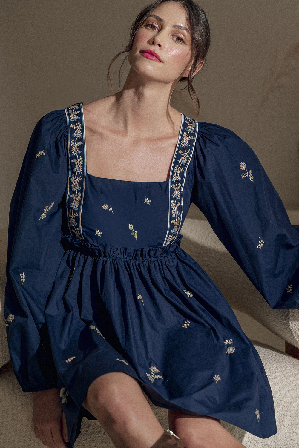 Blue Zone Planet | Blue Floral Embroidered Puff Sleeve Babydoll Dress-TOPS / DRESSES-[Adult]-[Female]-2022 Online Blue Zone Planet