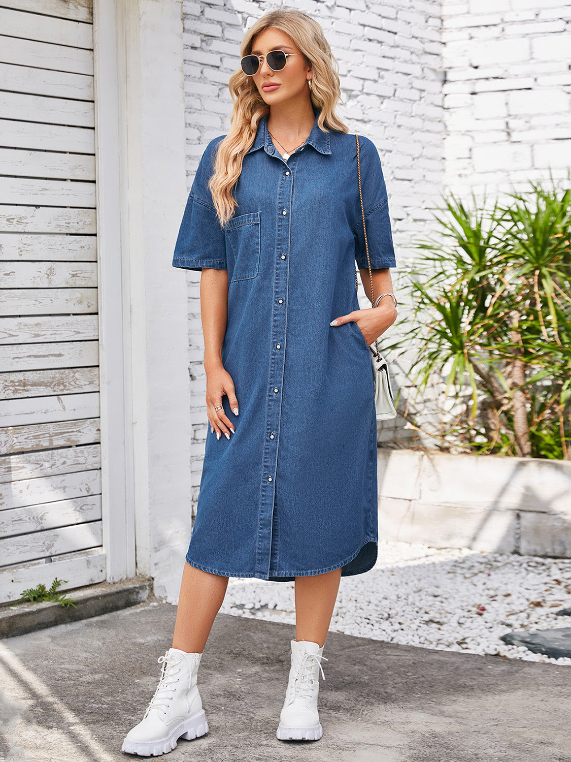 Button Down Half Sleeve Denim Dress-TOPS / DRESSES-[Adult]-[Female]-2022 Online Blue Zone Planet