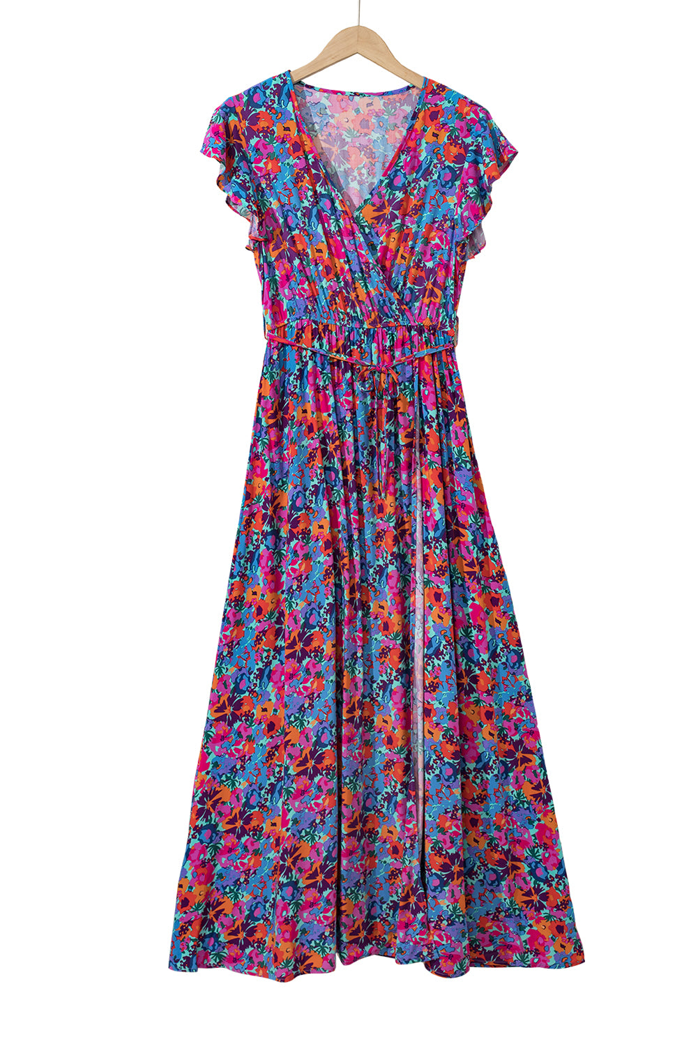 Blue Floral Print V Neck Wrap Split Maxi Dress-Dresses/Floral Dresses-[Adult]-[Female]-2022 Online Blue Zone Planet