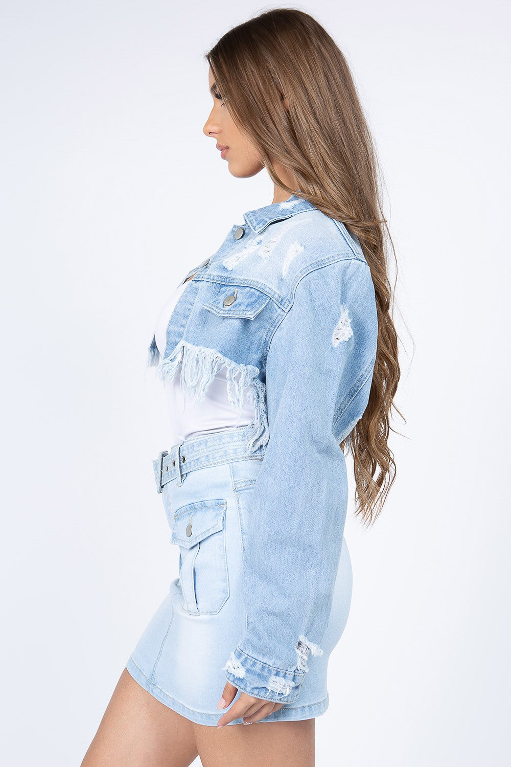 American Bazi Distressed Denim Jacket with Frayed Hem-TOPS / DRESSES-[Adult]-[Female]-2022 Online Blue Zone Planet