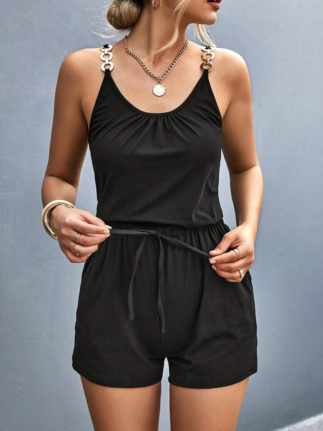 Pocketed Buckle Trim Scoop Neck Romper-TOPS / DRESSES-[Adult]-[Female]-2022 Online Blue Zone Planet