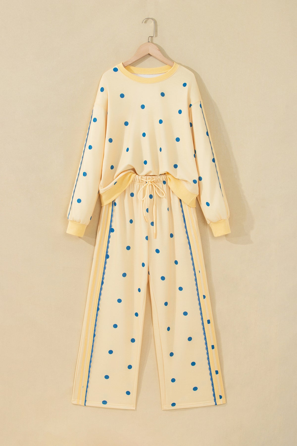 Yellow Polka Dot Long Sleeve Top Patchwork Detail Loose Pant Set