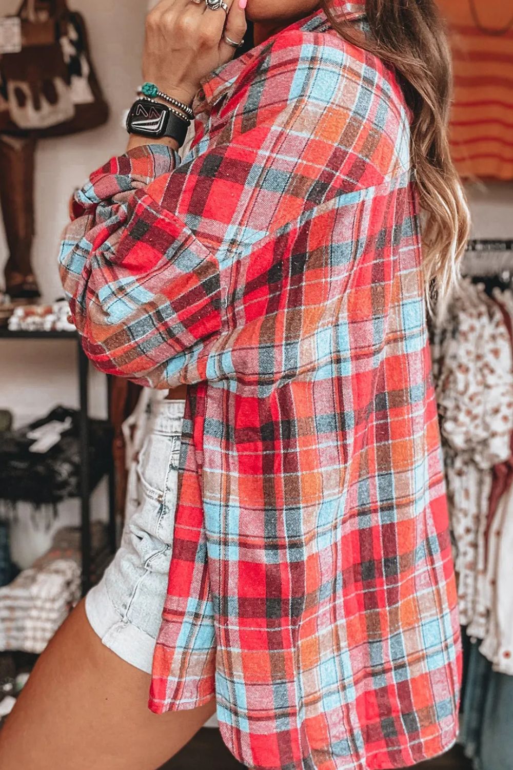 Plaid Collared Neck Long Sleeve Shirt-TOPS / DRESSES-[Adult]-[Female]-2022 Online Blue Zone Planet