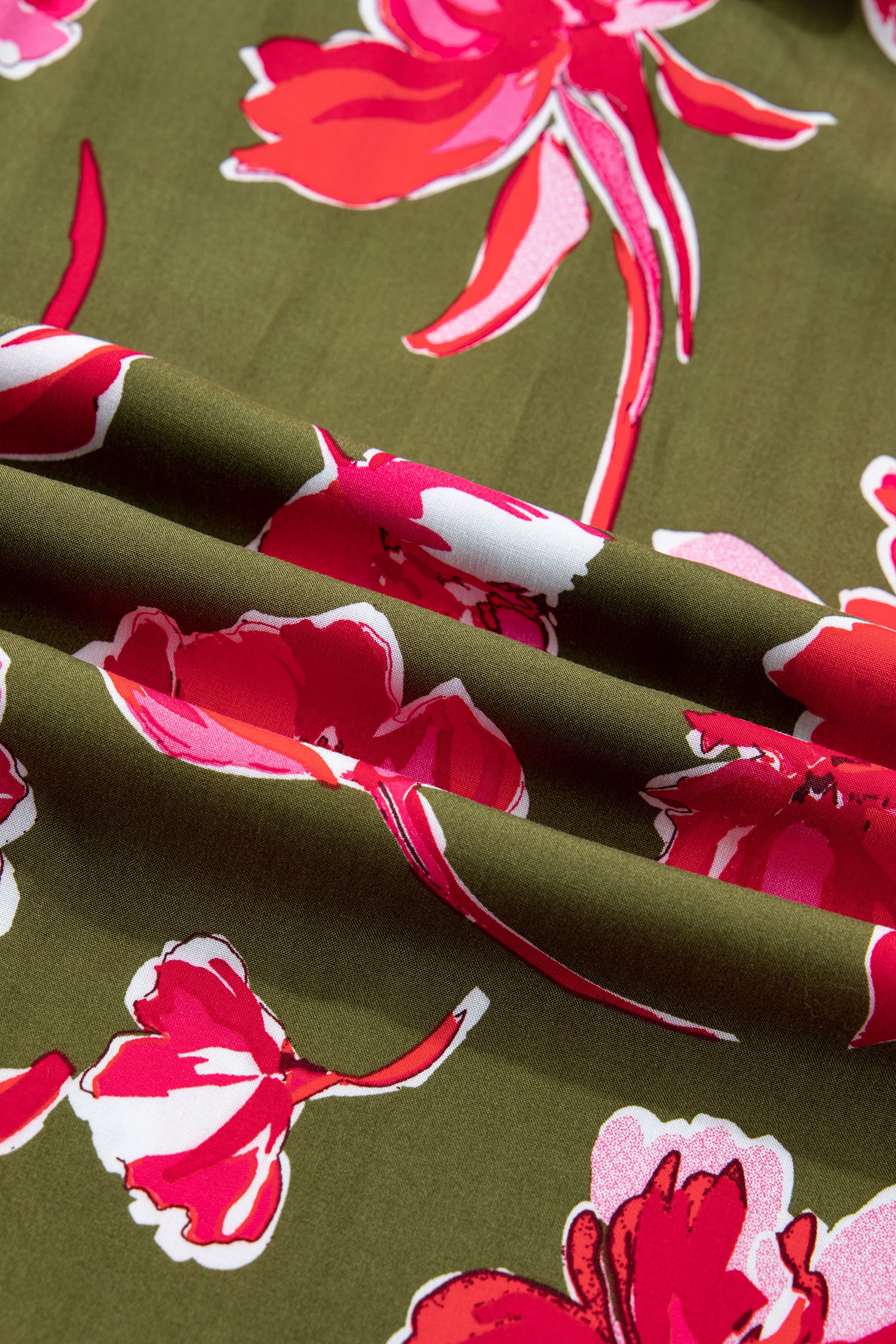 Green Floral Print Striped Trim Split Neck Short Puff Sleeve Ruffle Hem Maxi Dress-Dresses/Maxi Dresses-[Adult]-[Female]-2022 Online Blue Zone Planet