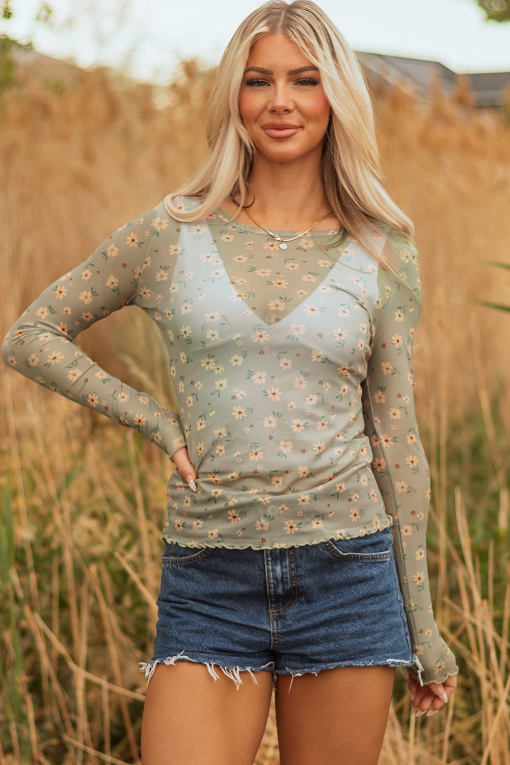 Laurel Green Vintage Floral Print Southern Style Mesh Long Sleeve Top-Tops/Long Sleeve Tops-[Adult]-[Female]-2022 Online Blue Zone Planet