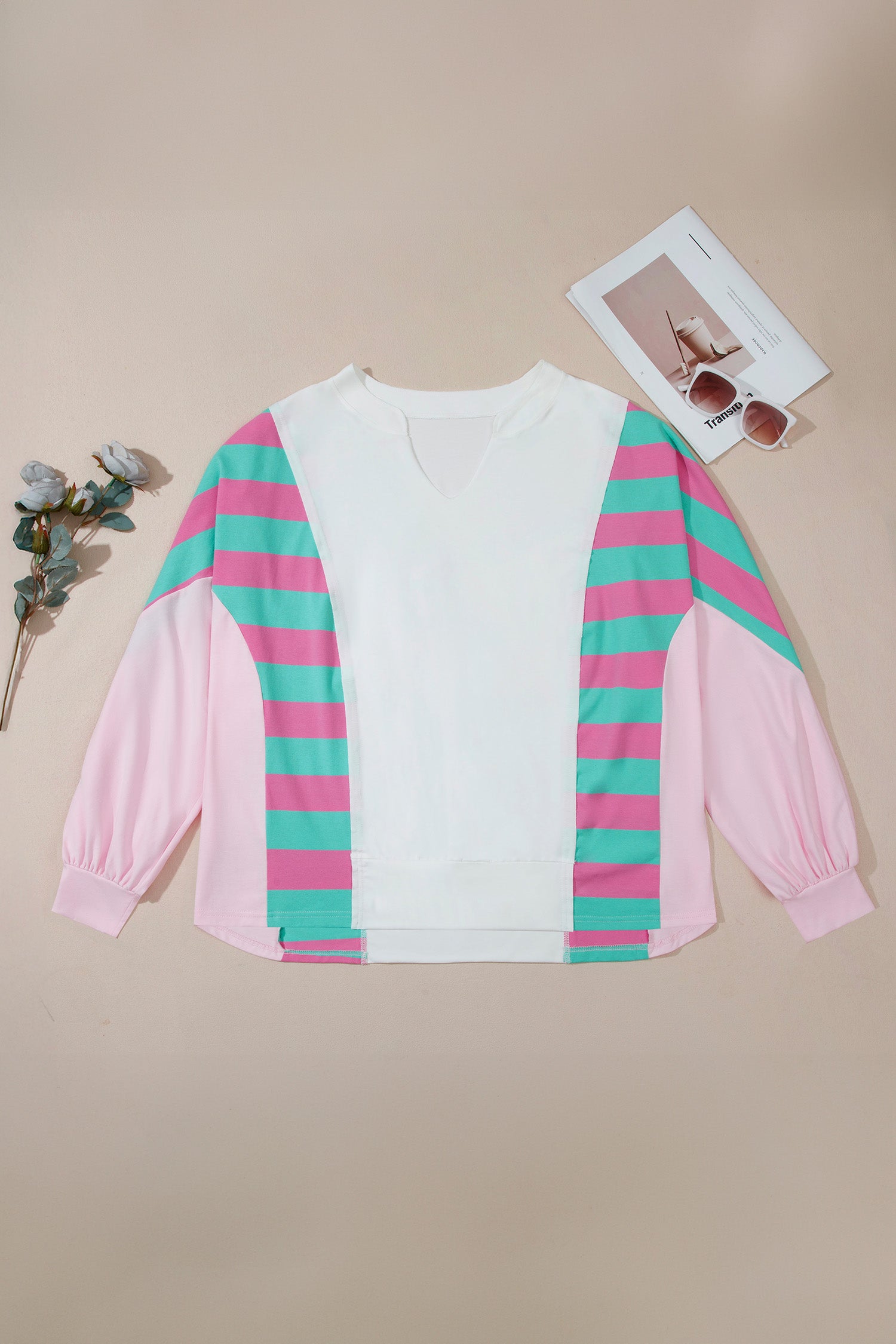 White Striped Colorblock V Neck Shift Long Sleeve Plus Size Blouse-Plus Size/Plus Size Tops/Plus Size Long Sleeve Tops-[Adult]-[Female]-2022 Online Blue Zone Planet