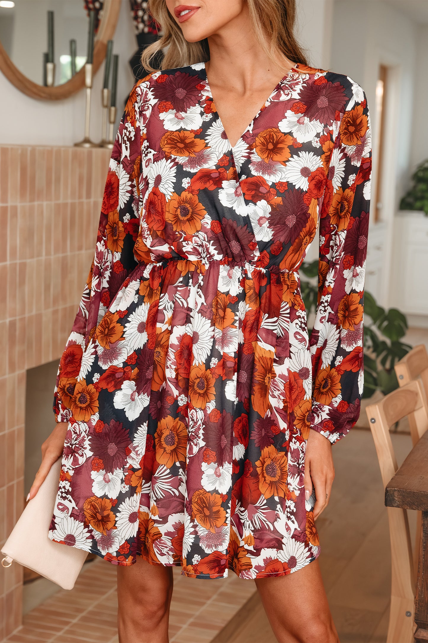 Red Floral Print Wrap V Neck Puff Sleeve Flowy Mini Dress-TOPS / DRESSES-[Adult]-[Female]-2022 Online Blue Zone Planet