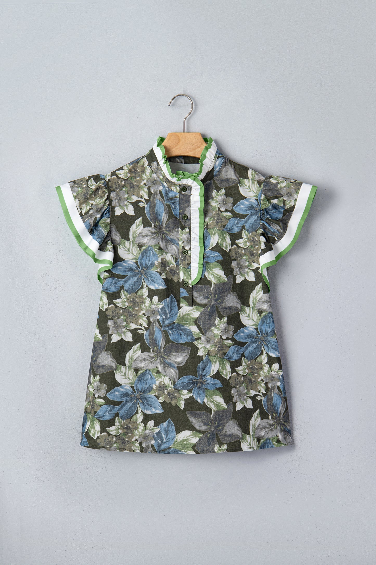 Green Ruffled Short Sleeve Floral Summer Blouse-Tops/Blouses & Shirts-[Adult]-[Female]-2022 Online Blue Zone Planet