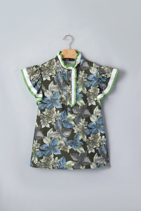 Green Ruffled Short Sleeve Floral Summer Blouse-Tops/Blouses & Shirts-[Adult]-[Female]-2022 Online Blue Zone Planet