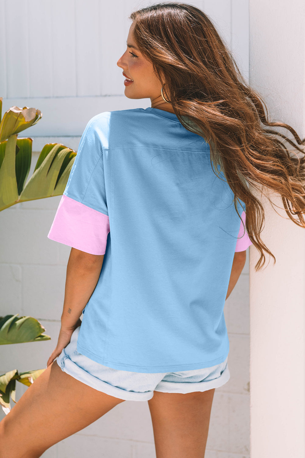Myosotis Frayed Denim Star Patched Oversize T Shirt-Tops/Tops & Tees-[Adult]-[Female]-2022 Online Blue Zone Planet