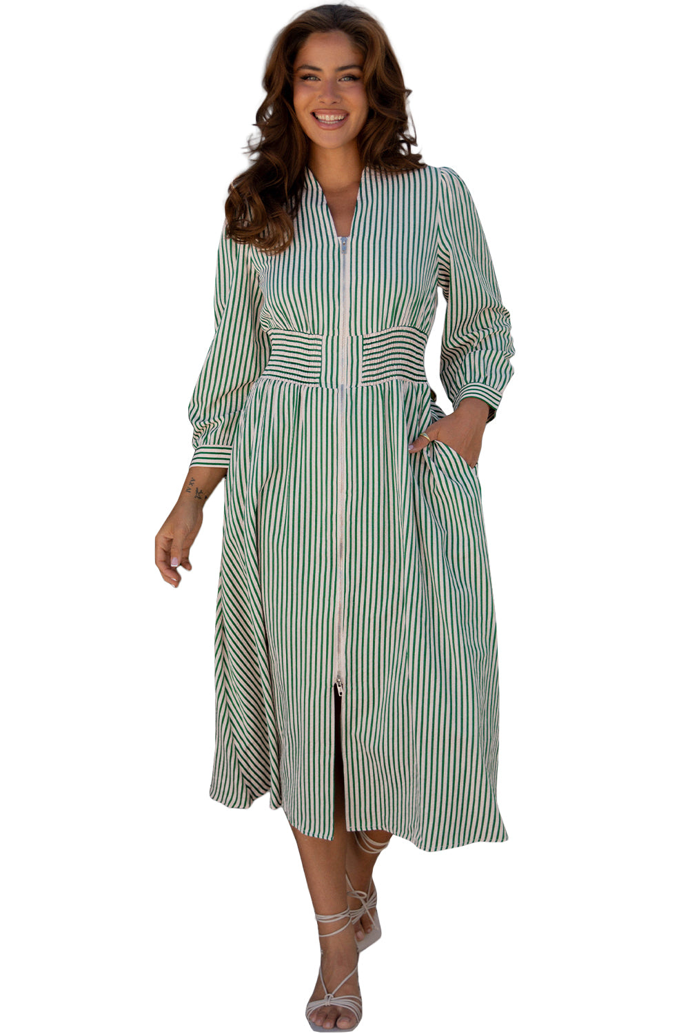 Green Stripe V Neck Zip Front Cinched High Waist Midi Dress-TOPS / DRESSES-[Adult]-[Female]-2022 Online Blue Zone Planet