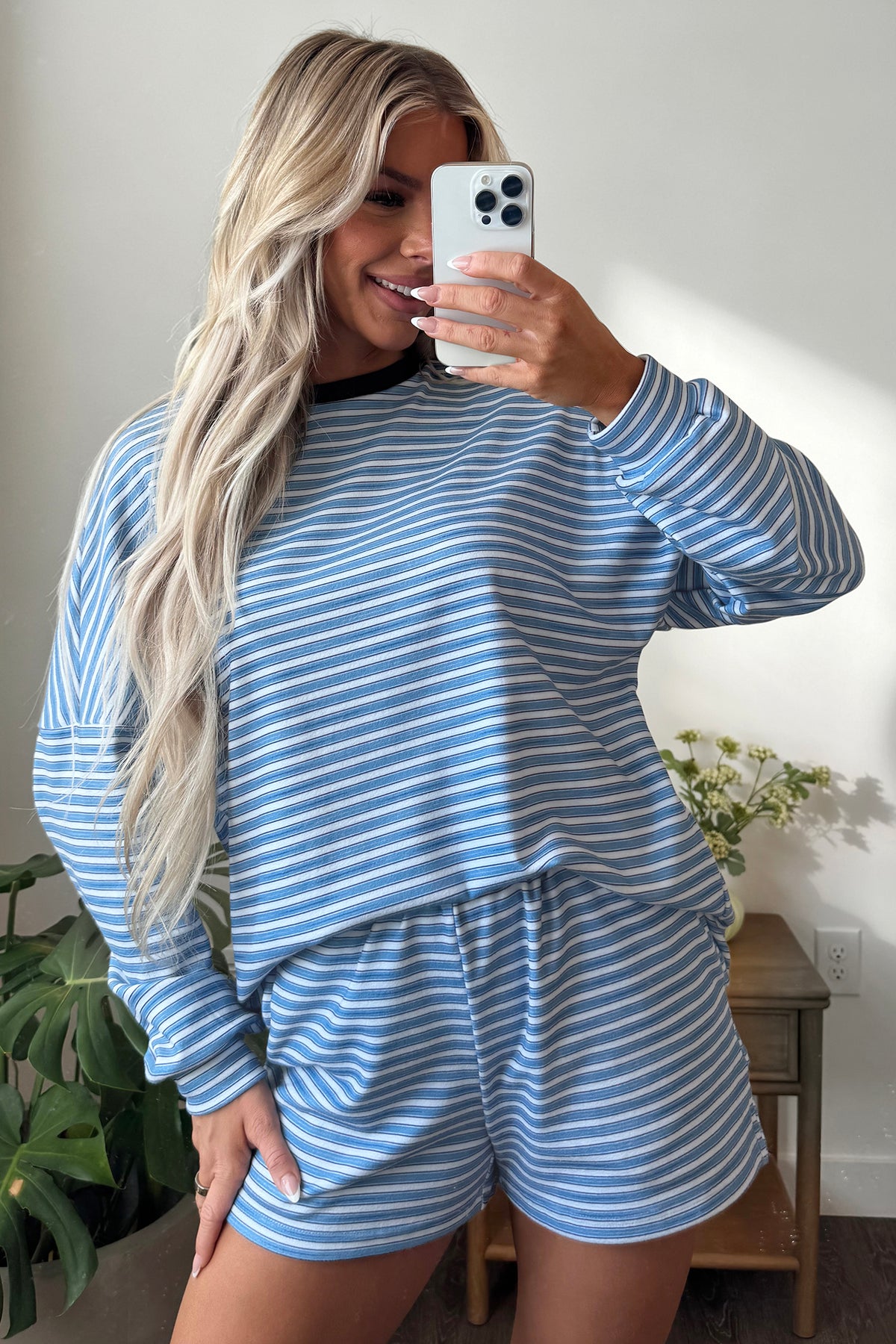 Sky Blue Stripe Long Sleeve Oversized Top Pocketed Casual Shorts Two Piece Set-Two Piece Sets/Short Sets-[Adult]-[Female]-2022 Online Blue Zone Planet