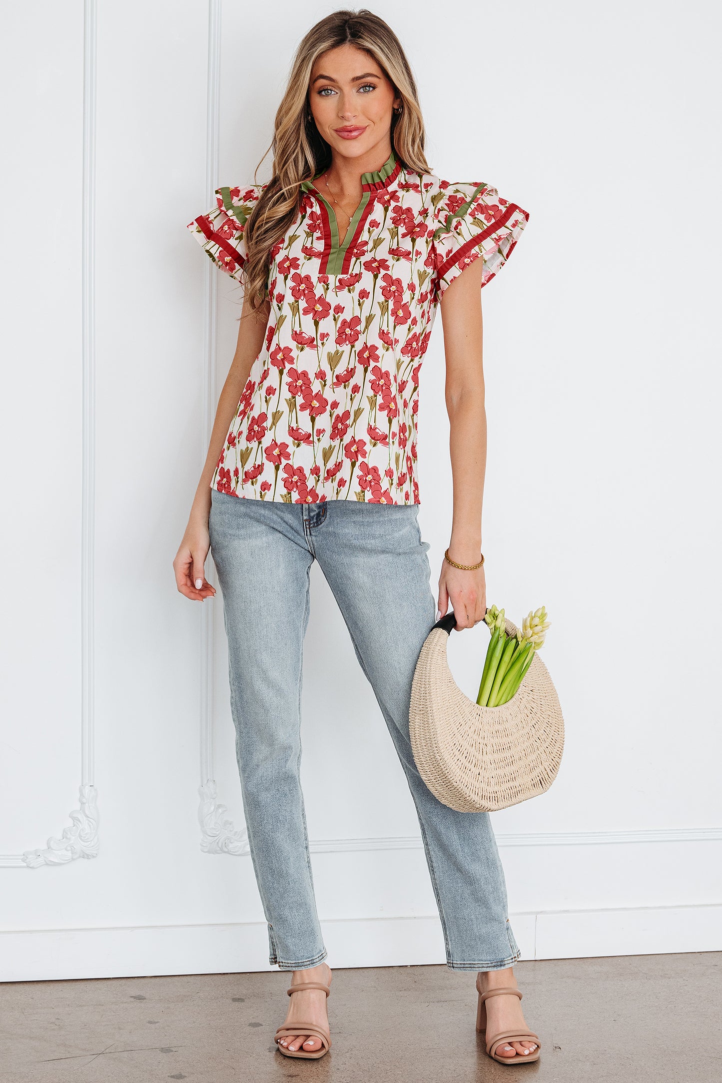 Red Floral Print Contrast Trim V Neck Double Ruffled Short Sleeve Blouse-Tops/Blouses & Shirts-[Adult]-[Female]-2022 Online Blue Zone Planet