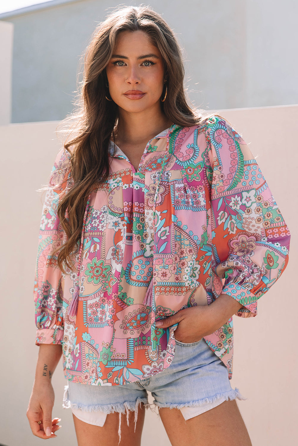Multicolour Boho Floral Bubble Sleeve Tassel Tied Neck Pleated Blouse-Tops/Blouses & Shirts-[Adult]-[Female]-2022 Online Blue Zone Planet
