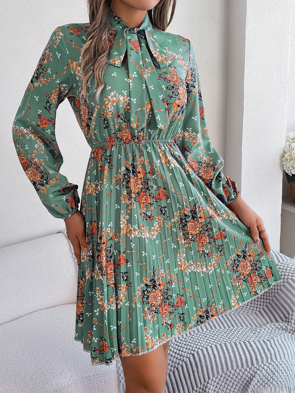 Pleated Printed Tie Neck Long Sleeve Dress-TOPS / DRESSES-[Adult]-[Female]-2022 Online Blue Zone Planet