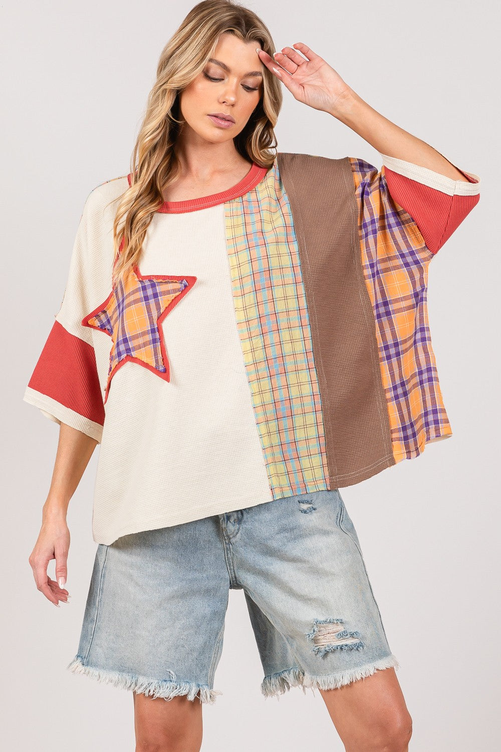 SAGE + FIG Round Neck Plaid Star Patch T-Shirt-TOPS / DRESSES-[Adult]-[Female]-2022 Online Blue Zone Planet