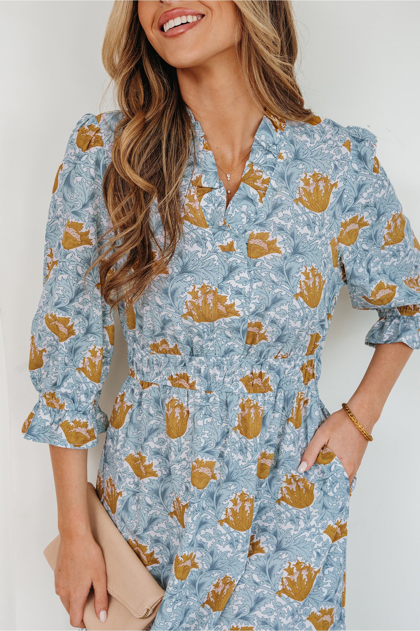 Brown Floral Printed Frilled V Neck Bracelet Sleeve Long Dress-Bracelet-[Adult]-[Female]-2022 Online Blue Zone Planet