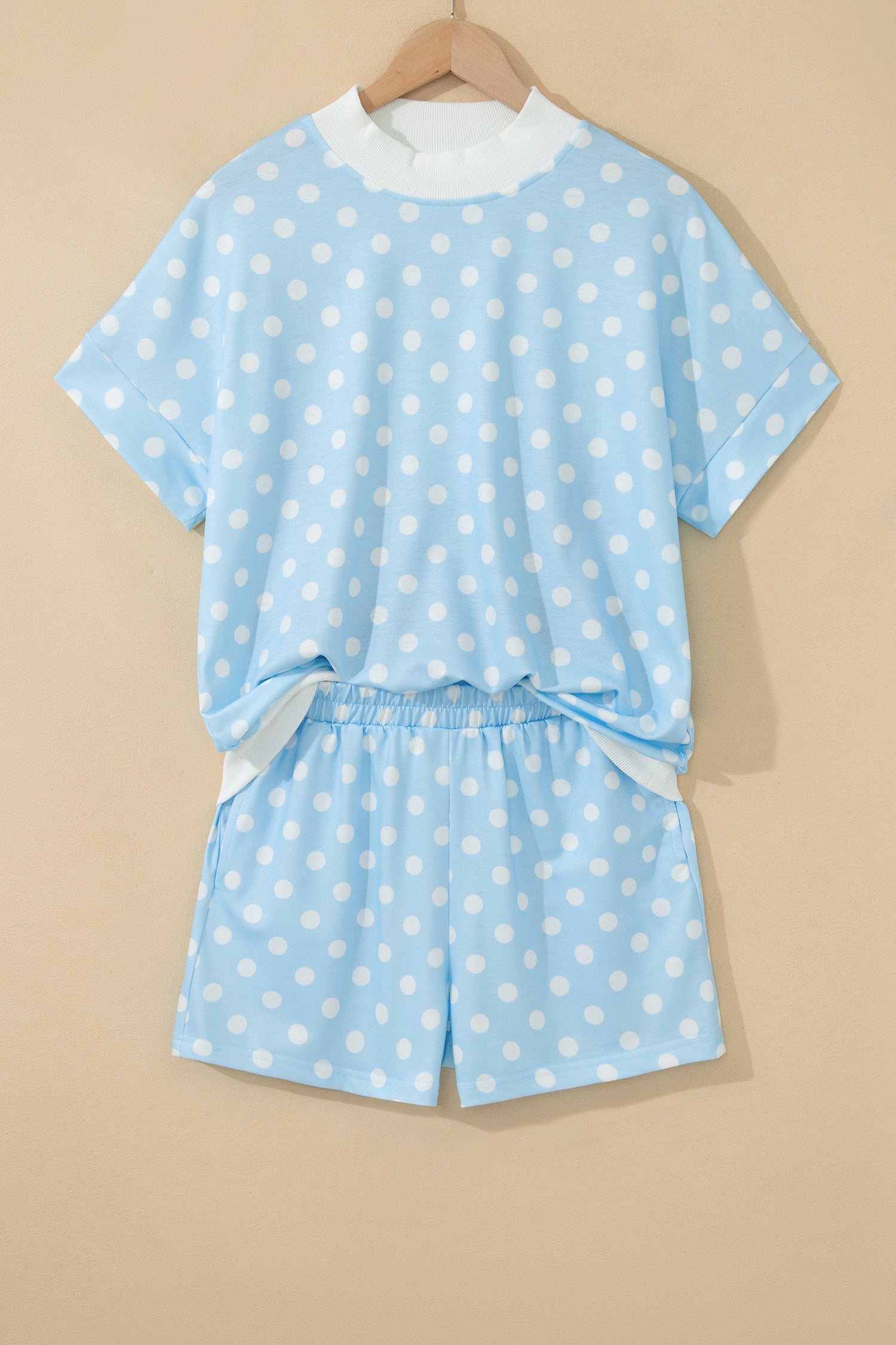 Sky Blue Polka Dot Print Color Block Trim Mock Neck Short Set-Two Piece Sets/Short Sets-[Adult]-[Female]-2022 Online Blue Zone Planet